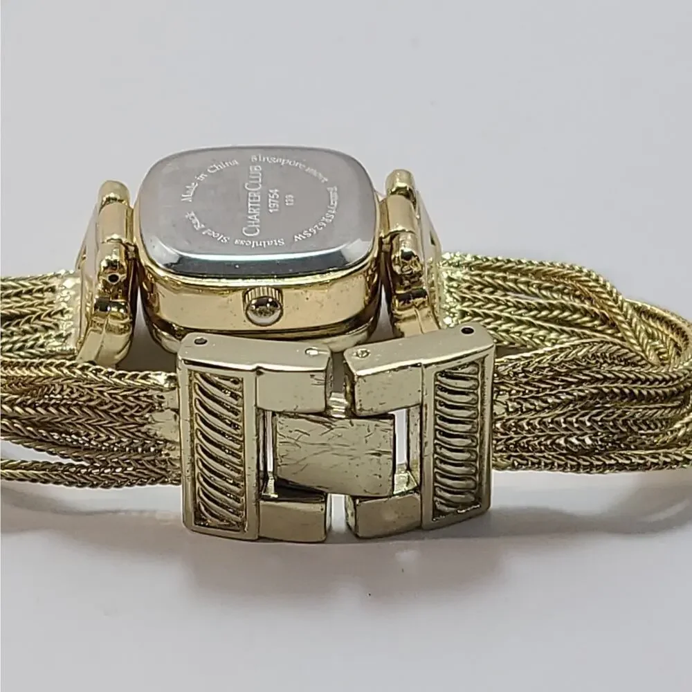 Charter Club Women's Gold Tone Blue Stone Closed Face Watch Tassel Link Works